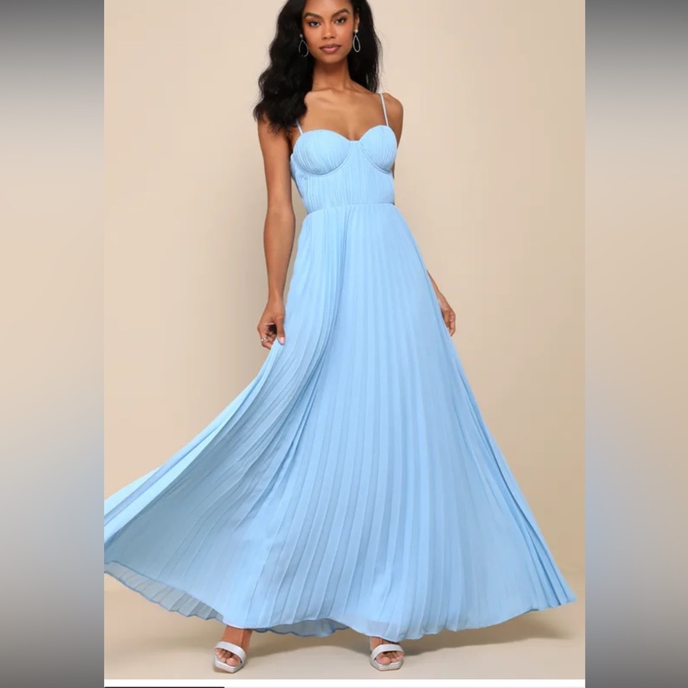 Admirable Elegance Light Blue Pleated Bustier Maxi Dress, bridesmaid dress lulus